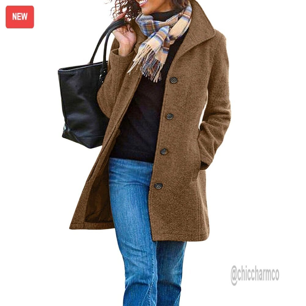 Thick Wool Blend Pea Coat Stand Collar Single Breasted Mid-Length